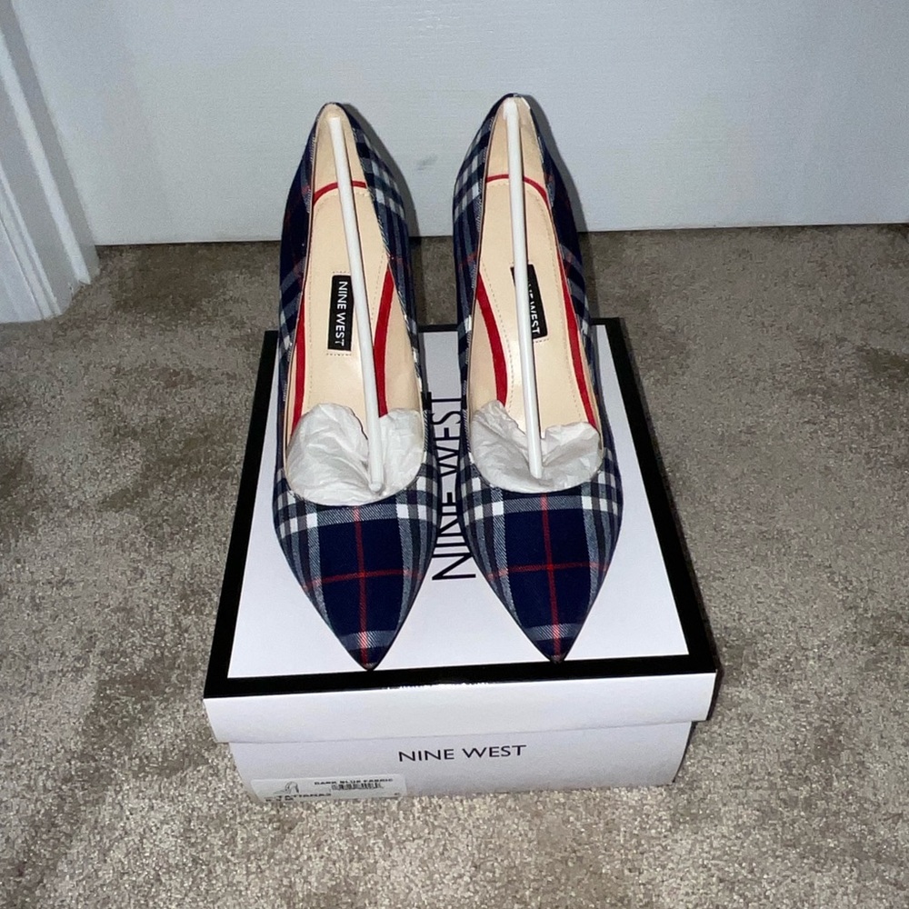 Nine West Women's Checkered Heels - Navy, Red, and White.